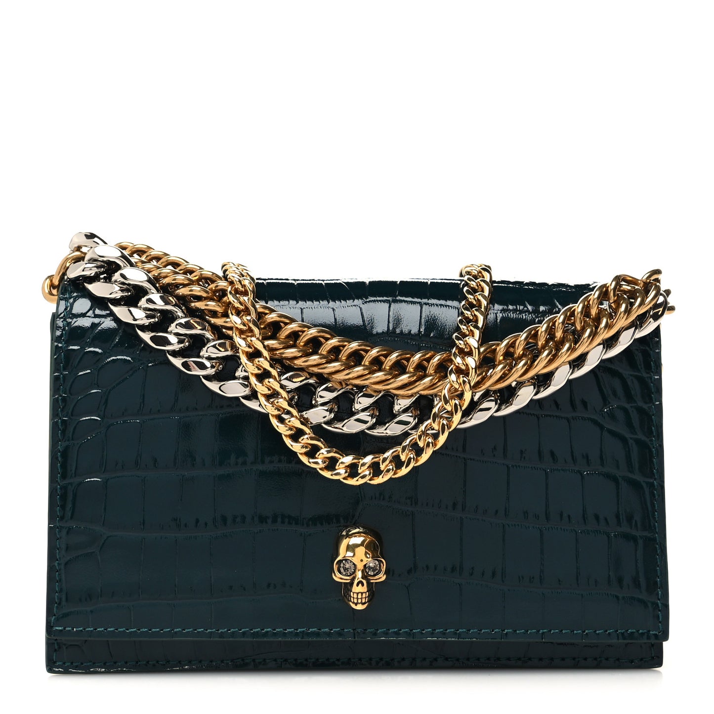 Glazed Calfskin Crocodile Embossed Small Skull Shoulder Bag Green