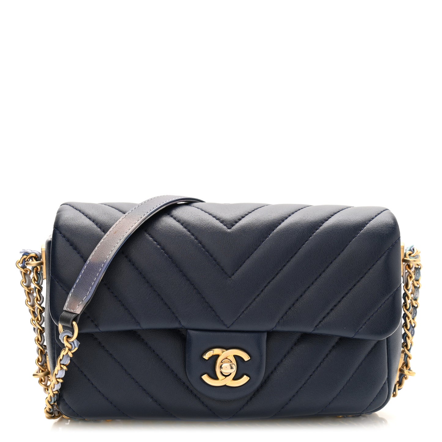 Lambskin Chevron Quilted Mini Chain Around Rectangular Flap Blue