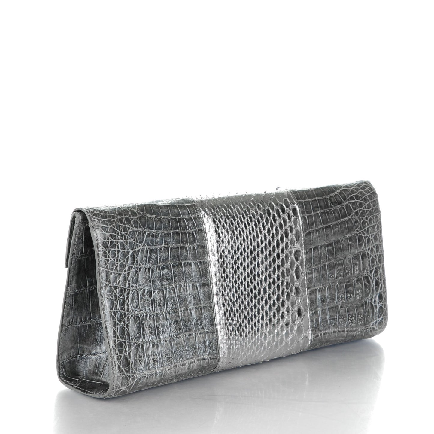 Metallic Crocodile Python Foldover Clutch Grey Silver