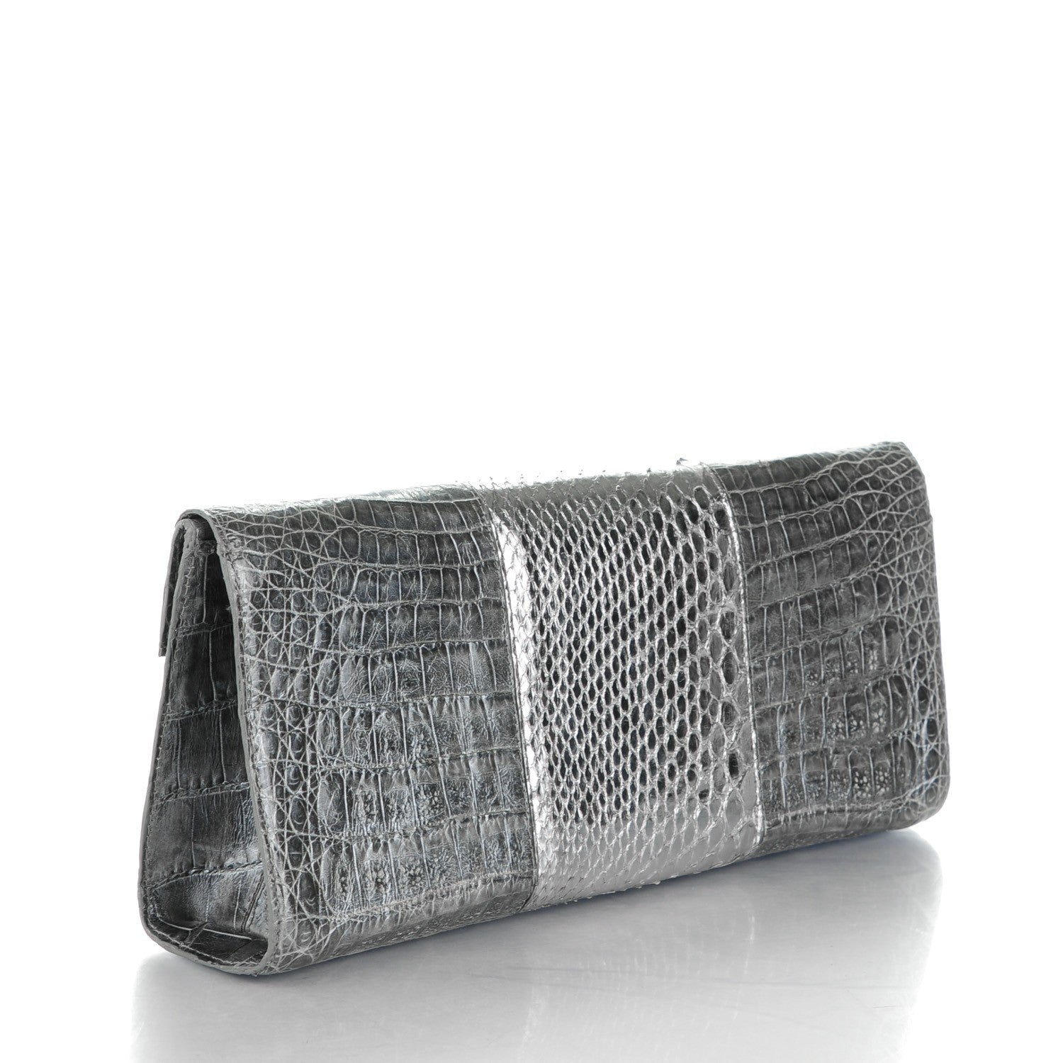 Nancy Gonzalez Metallic Crocodile Python Foldover Clutch Grey Silver 3 of 6