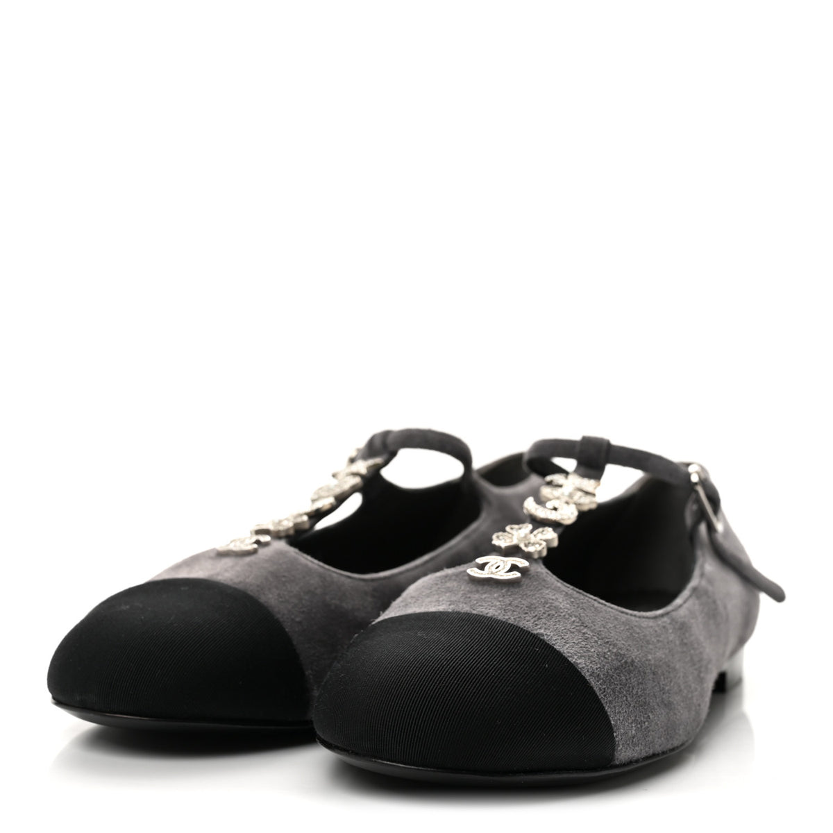 Suede Grosgrain Crystal Pearl Crystal Cap Toe T Strap CC Mary Jane Flats  37.5 Grey Black