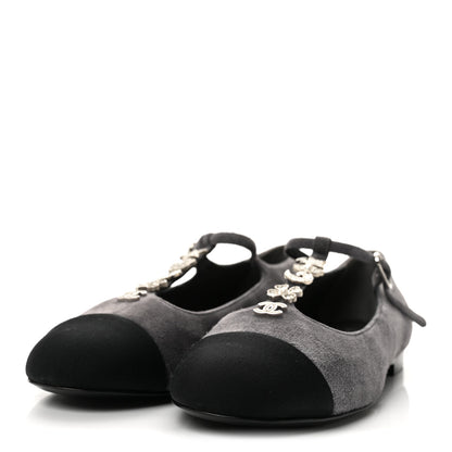 Chanel Suede Grosgrain Crystal Pearl Crystal Cap Toe T Strap CC Mary Jane Flats  37.5 Grey Black 4 of 9