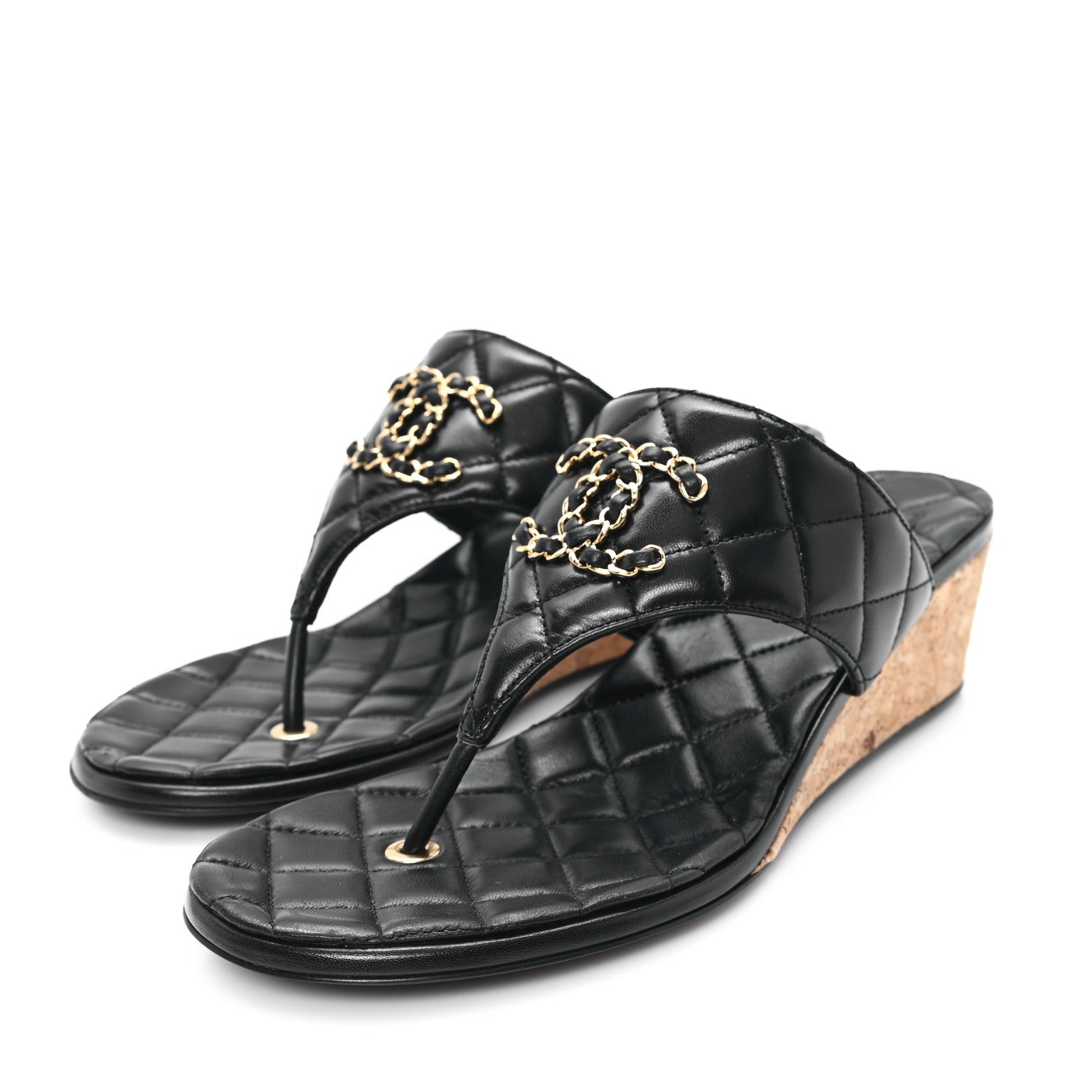 Chanel Shiny Goatskin Cork CC Wedge Sandals 39 Black 4 of 10