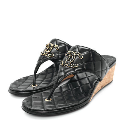Chanel Shiny Goatskin Cork CC Wedge Sandals 39 Black 4 of 10