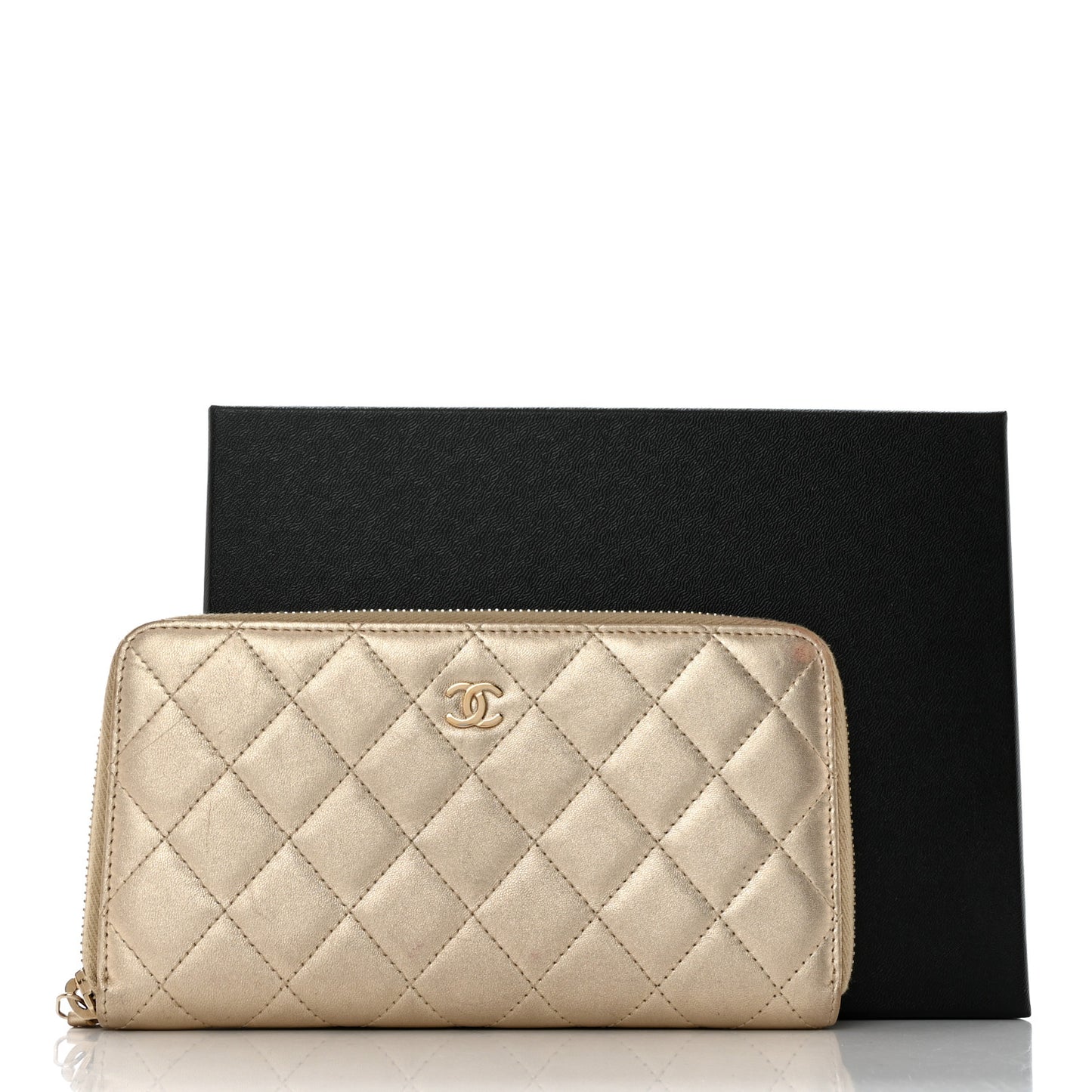 Metallic Lambskin Quilted Large Gusset Zip Around Wallet Gold