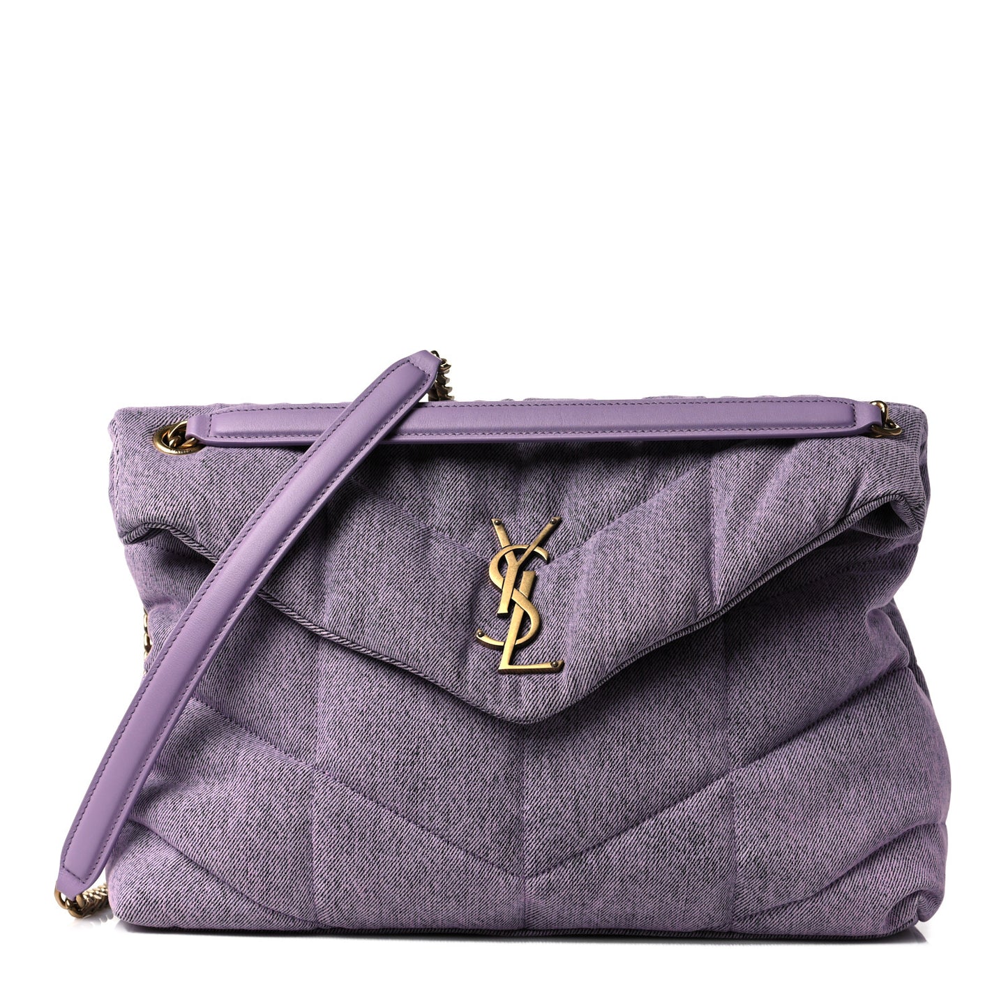 Denim Quilted Medium Loulou Puffer Monogram Chain Satchel Bleached Lilac