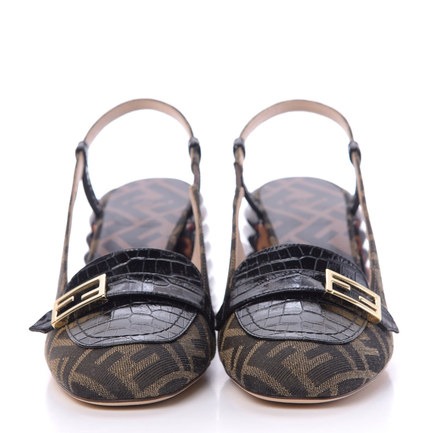 Fendi Jacquard Calfskin FF Tortoise Promenade Slingback Loafer Pumps 37.5 Tobacco 3 of 9