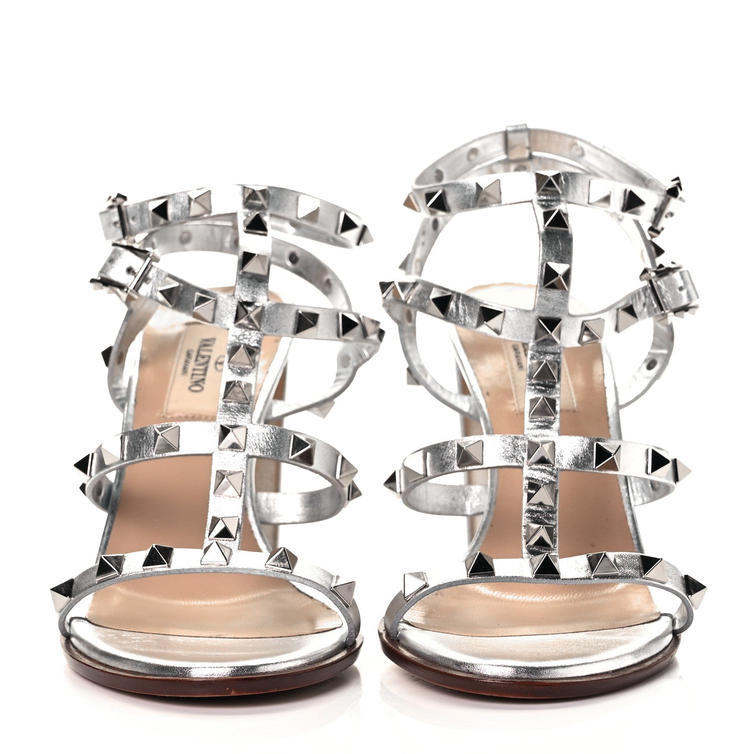 Valentino Garavani Metallic Calfskin Rockstud 90mm City Sandals 37 Silver 2 of 8