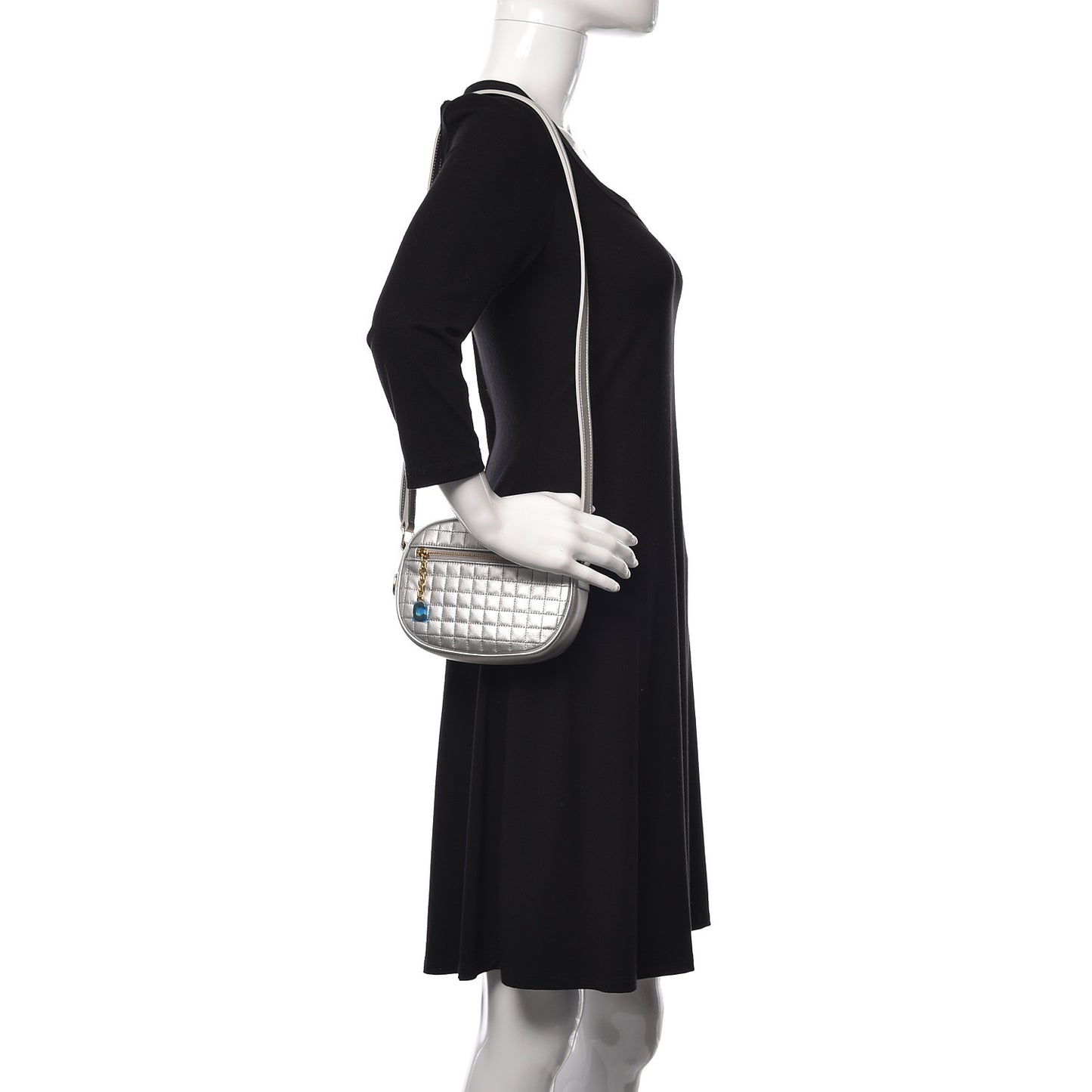 Laminated Calfskin Quilted Small C Charm Bag Silver