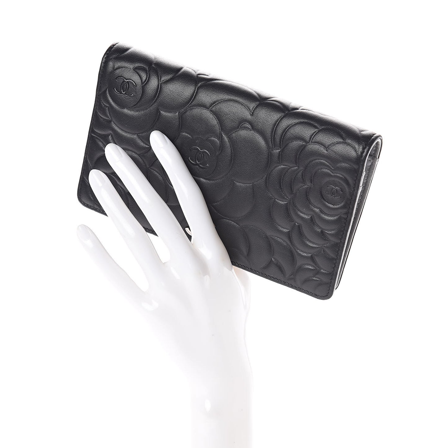 Lambskin Camellia Embossed Yen Wallet Black
