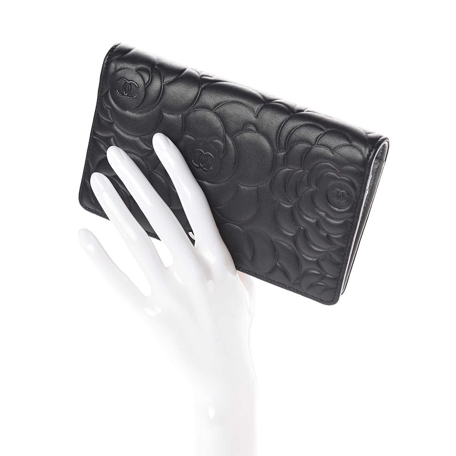 Chanel Lambskin Camellia Embossed Yen Wallet Black 2 of 12
