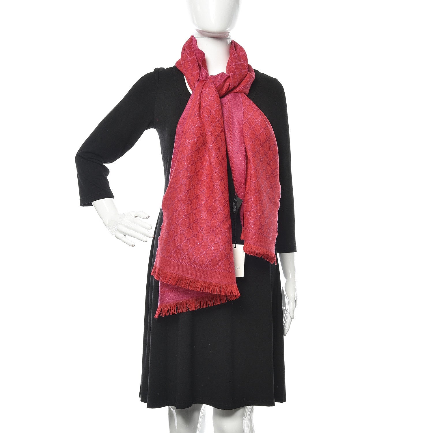 Gucci Wool Lame Jacquard GG Monogram Stenlux Scarf Red Pink 2 of 5