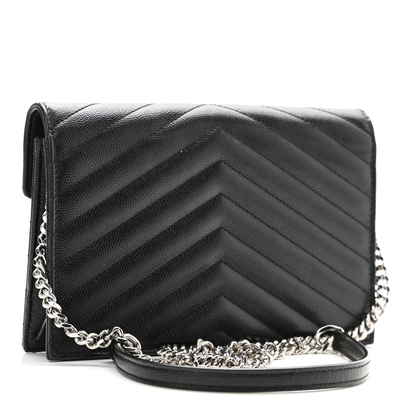 Grain De Poudre Matelasse Chevron Monogram Envelope Chain Wallet Black
