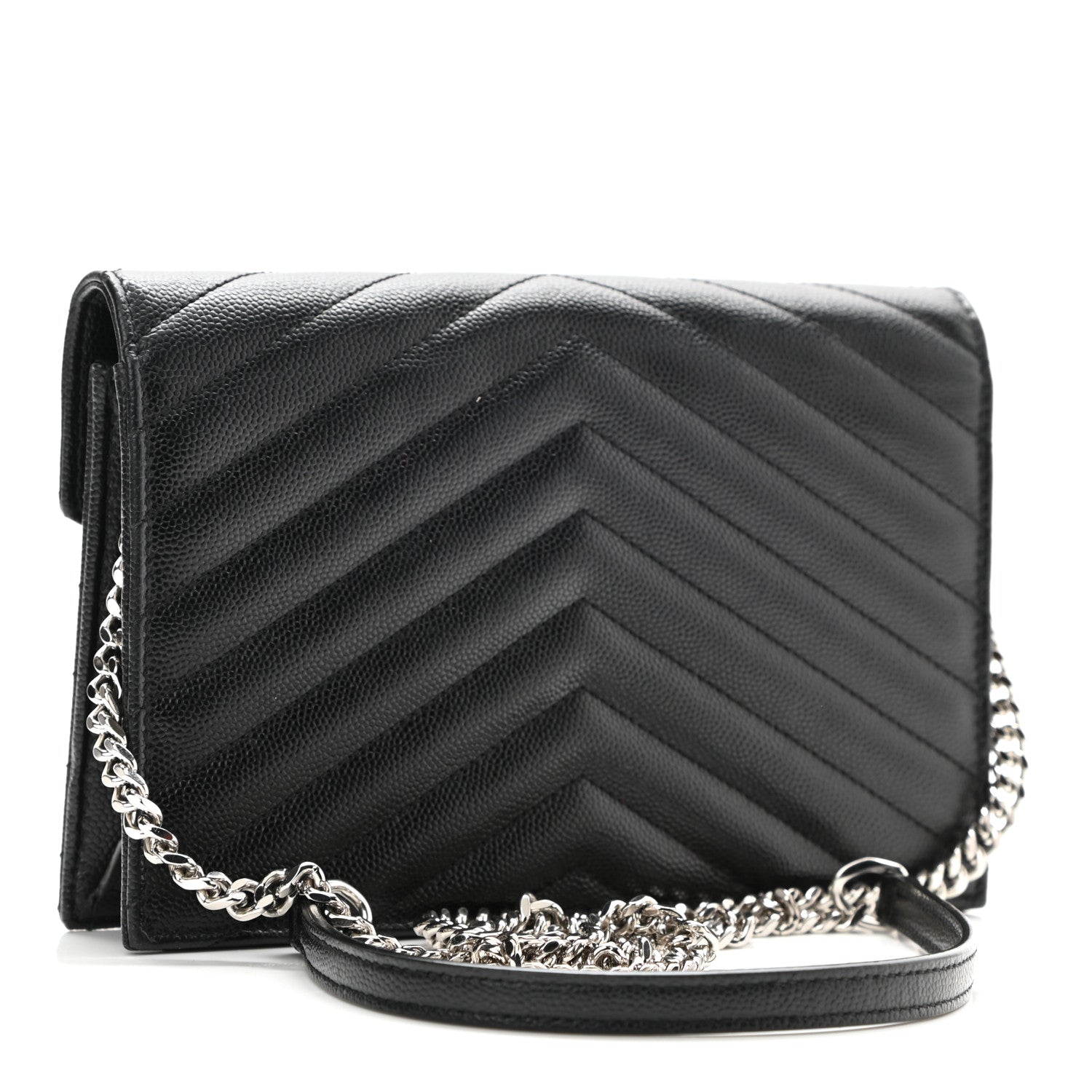 Saint Laurent Grain De Poudre Matelasse Chevron Monogram Envelope Chain Wallet Black 2 of 9