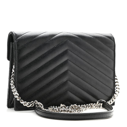 Saint Laurent Grain De Poudre Matelasse Chevron Monogram Envelope Chain Wallet Black 2 of 9
