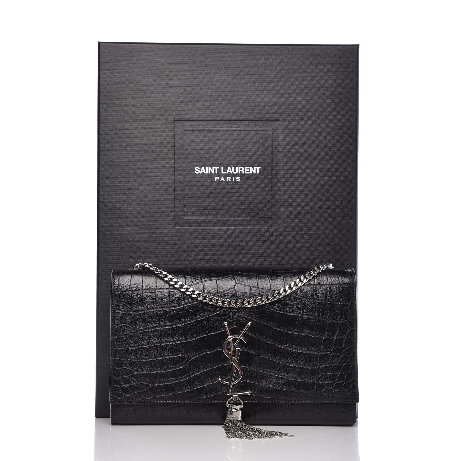 Saint Laurent Calfskin Crocodile Embossed Medium Classic Monogram Kate Tassel Satchel Black 8 of 8
