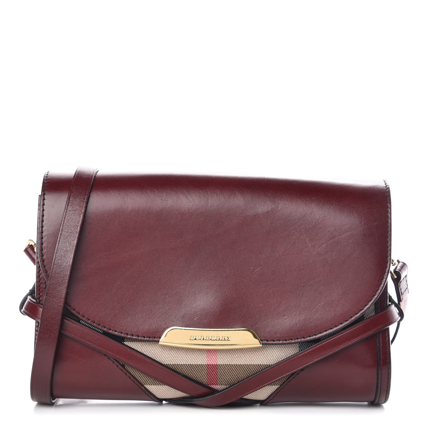 Burberry House Check Bridle Calfskin Small Abbott Crossbody Bag Red Claret 1 of 11