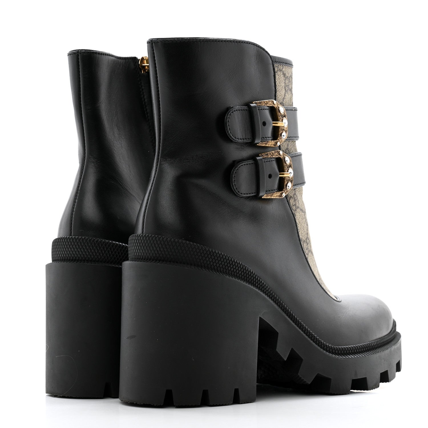 Gucci Kensington Calfskin Nappa GG Supreme Monogram Womens Double Buckle Ankle Boots 37.5 Black 4 of 14