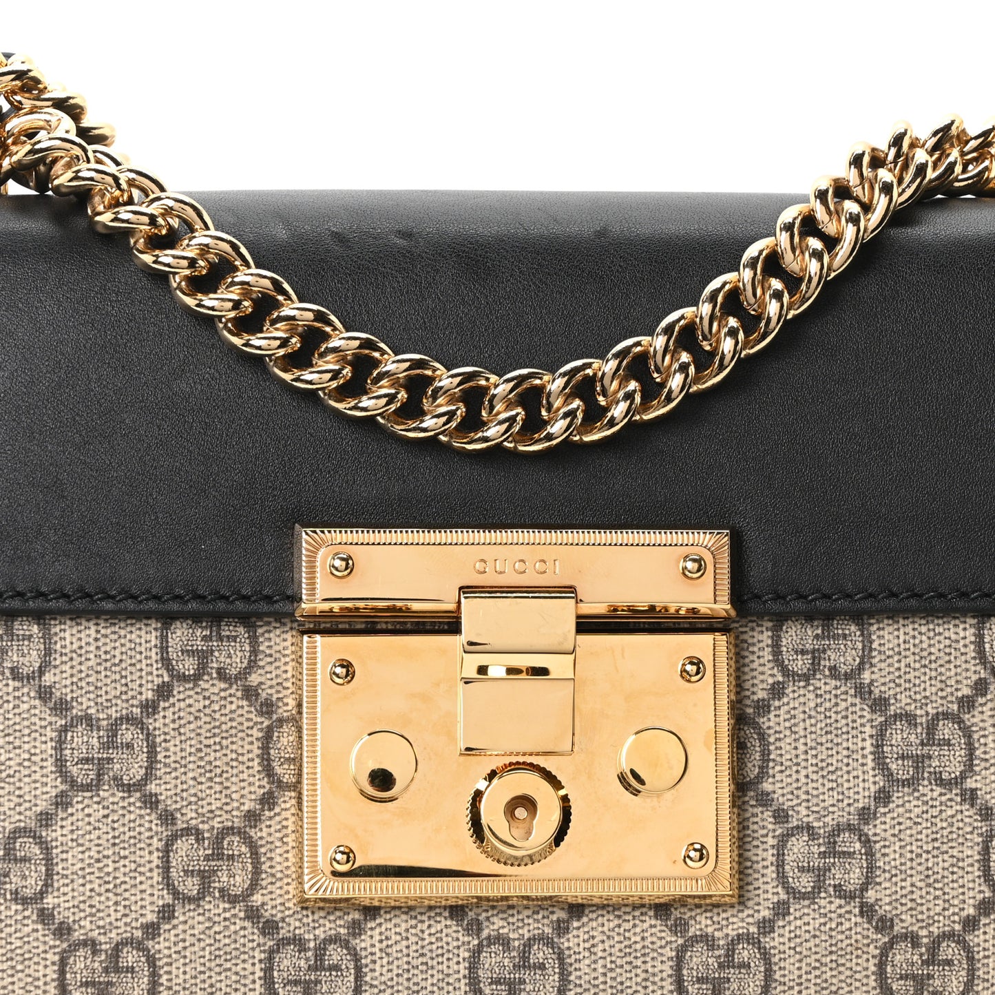 GG Supreme Monogram Calfskin Small Padlock Shoulder Bag Beige Black Cuir
