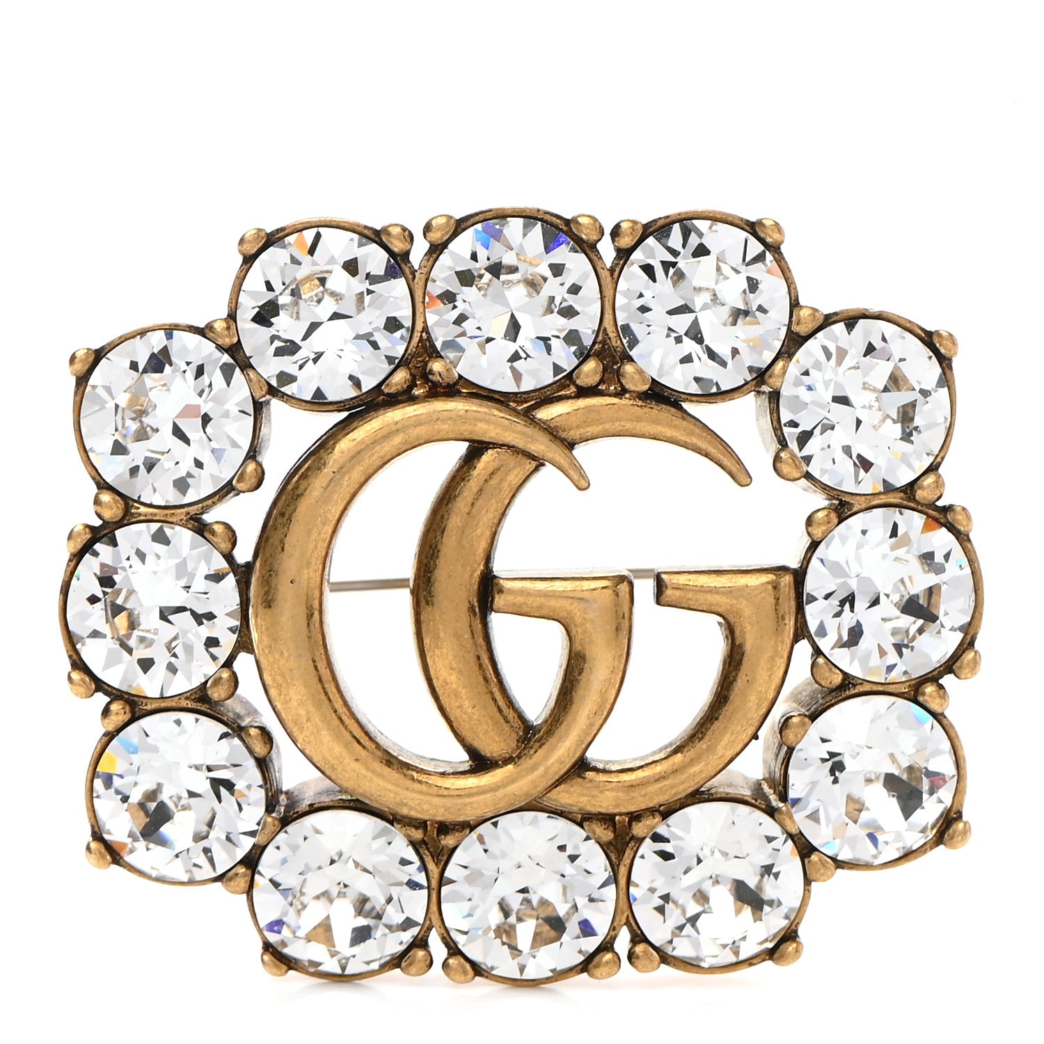 Gucci Metal Crystal Double G Brooch Aged Gold 1 of 6