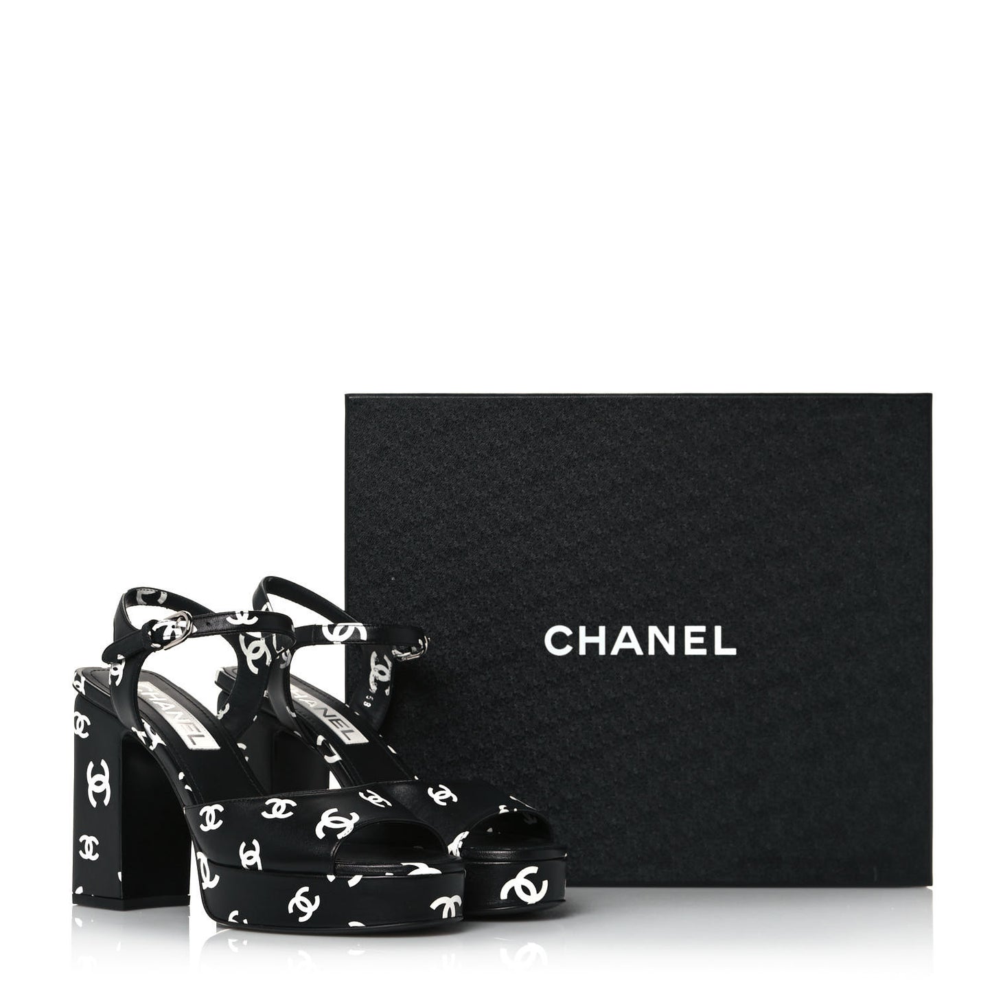 Printed Lambskin CC Platform Sandals 38 Black White