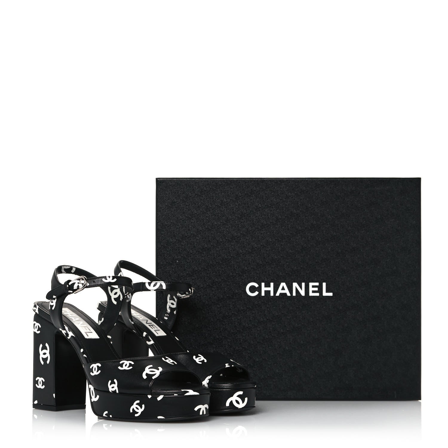 Chanel Printed Lambskin CC Platform Sandals 38 Black White 8 of 8