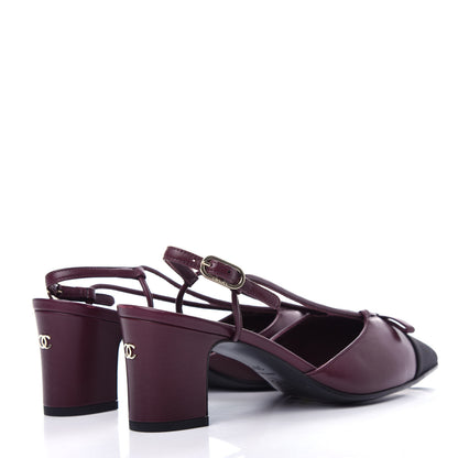 Chanel Lambskin Satin Slingback Cap Toe Bow Pumps 36.5 Burgundy Black 4 of 11