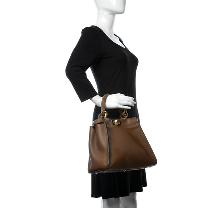 Fendi Vitello Seta Fabric Jacquard Pequin Medium Peekaboo Iconic Satchel Foresta Tobacco 2 of 13