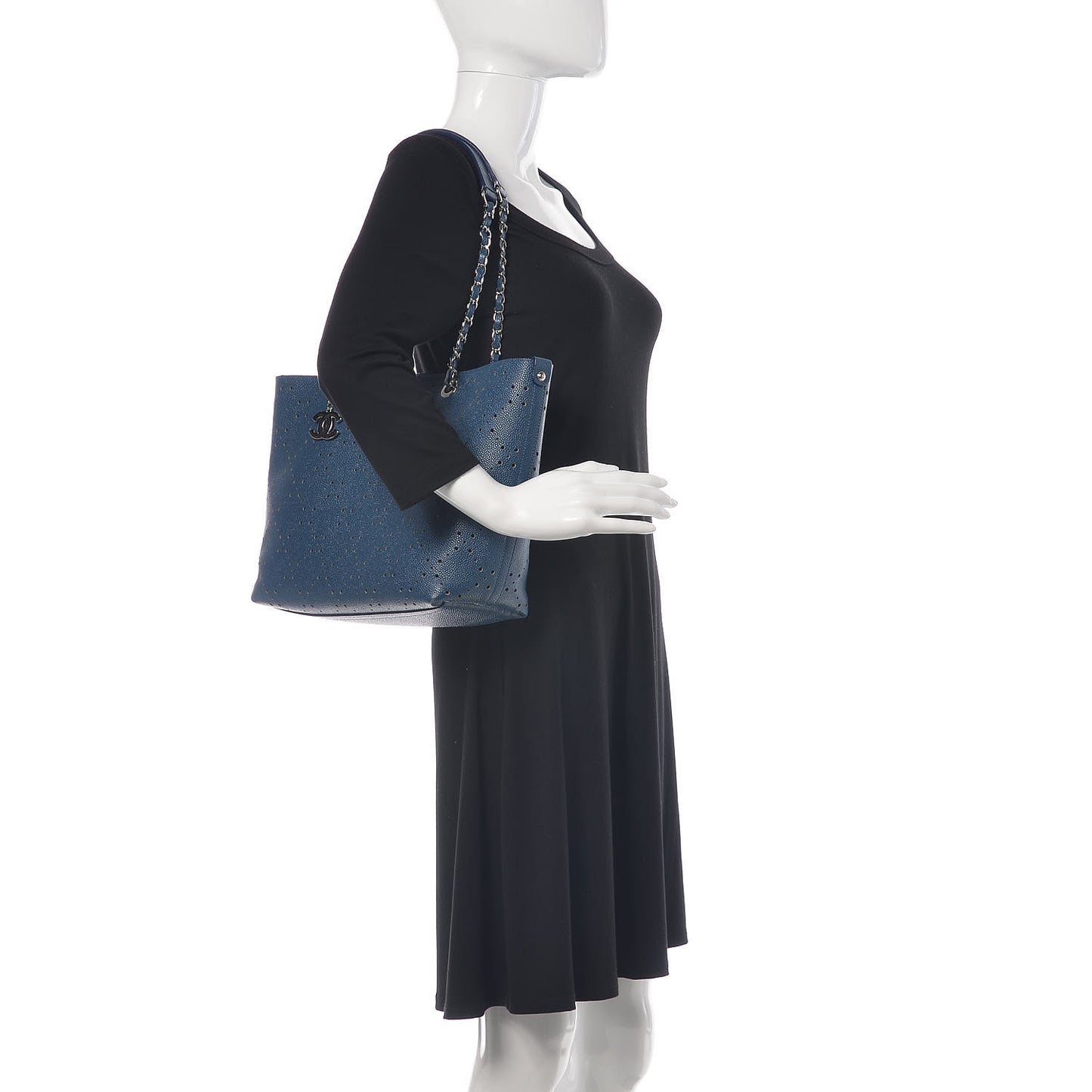 Perforated Grained Calfskin Small Shopping Tote Navy