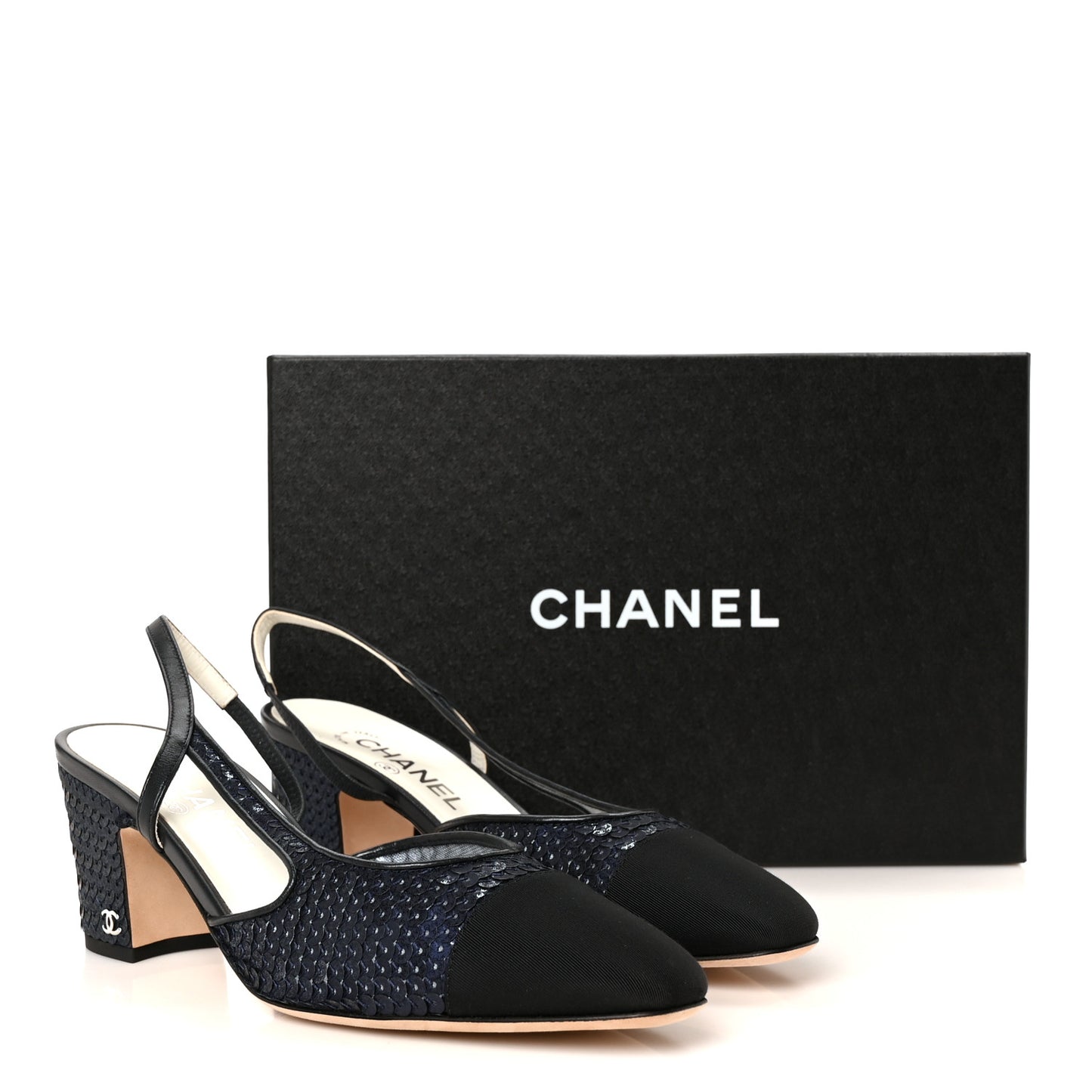 Glittered Muslin Grosgrain Cap Toe Slingback Pumps 39.5 Navy Blue Black
