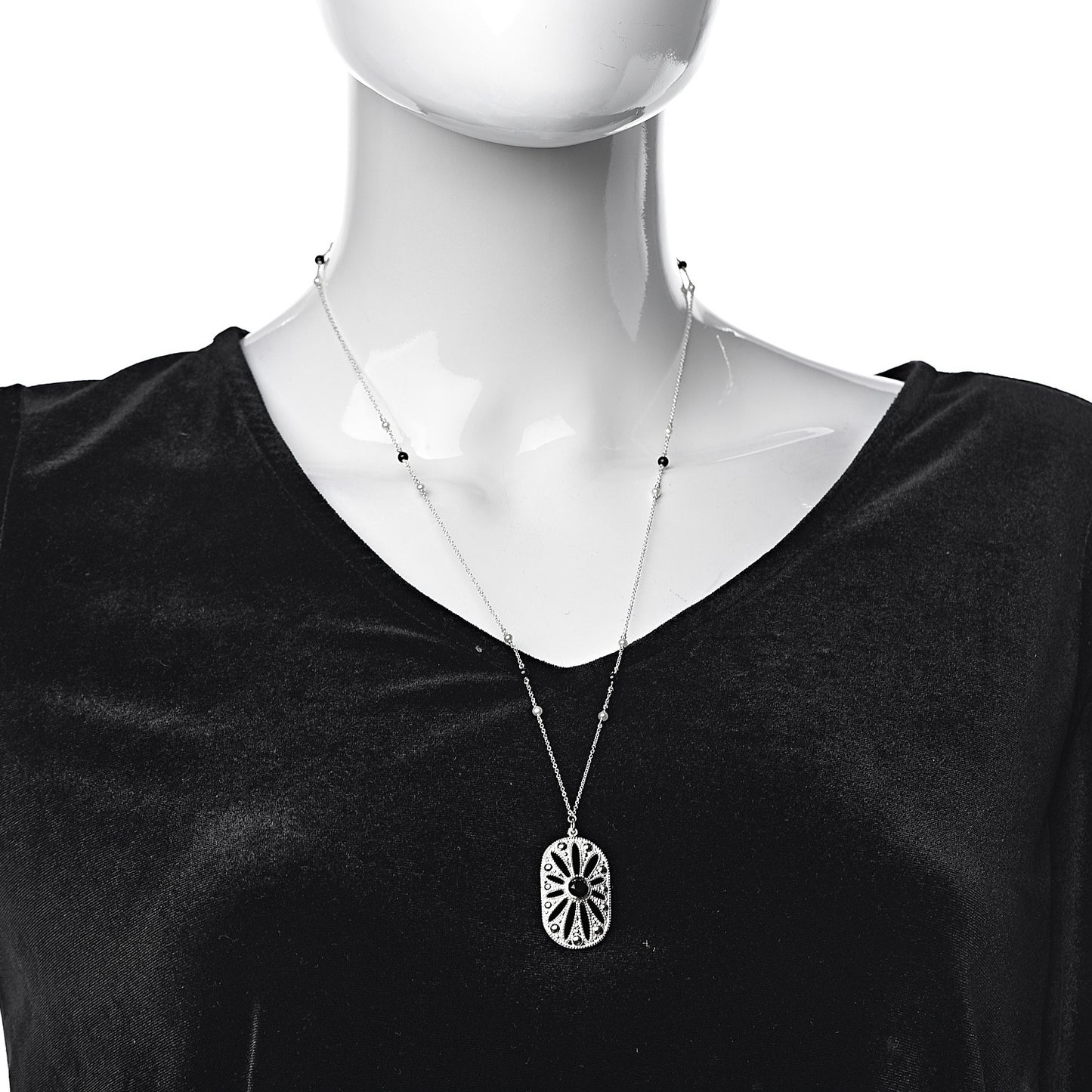 Sterling Silver Black Onyx Pearl Ziegfeld Daisy Pendant Necklace