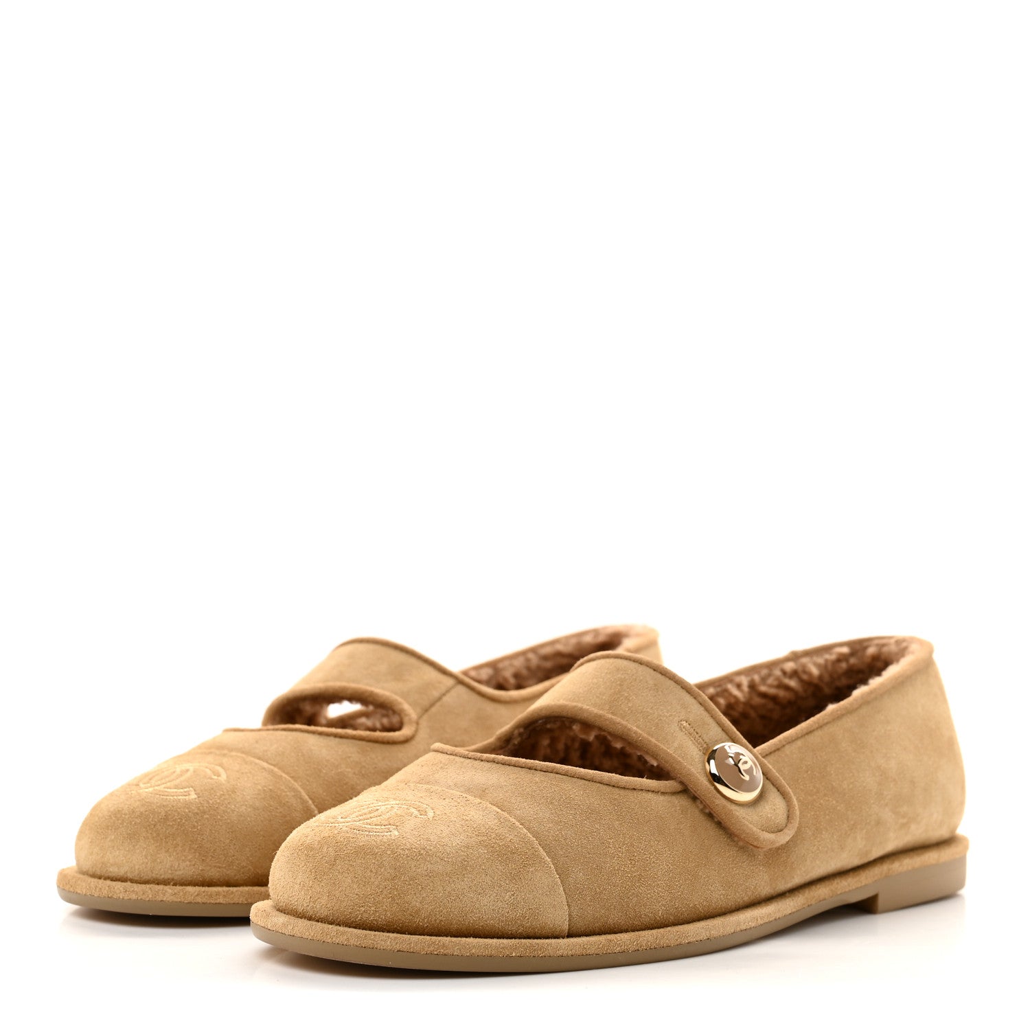 Chanel Suede Cap Toe CC Mary Jane Flats 36.5 Beige 4 of 10