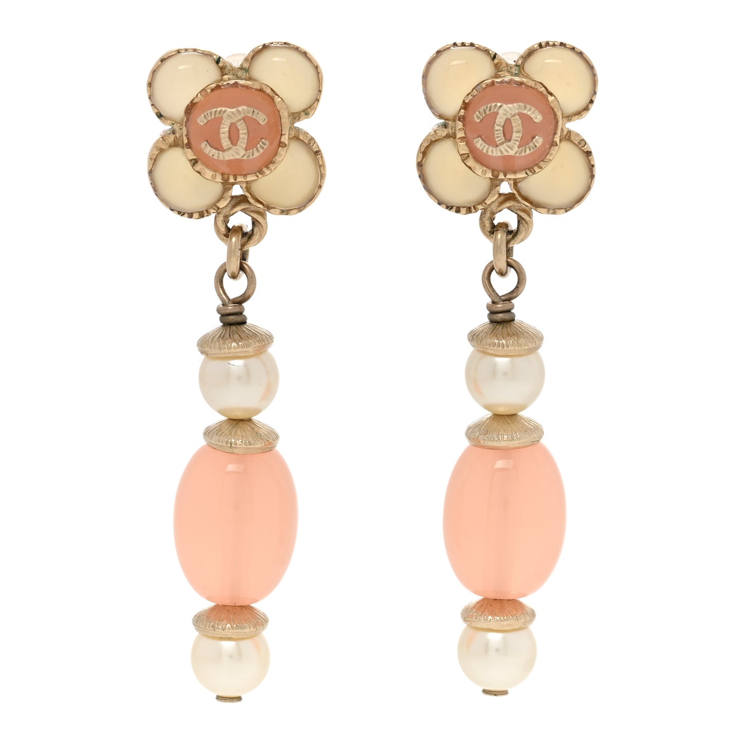 Resin Pearl CC Flower Drop Earrings Pink Beige