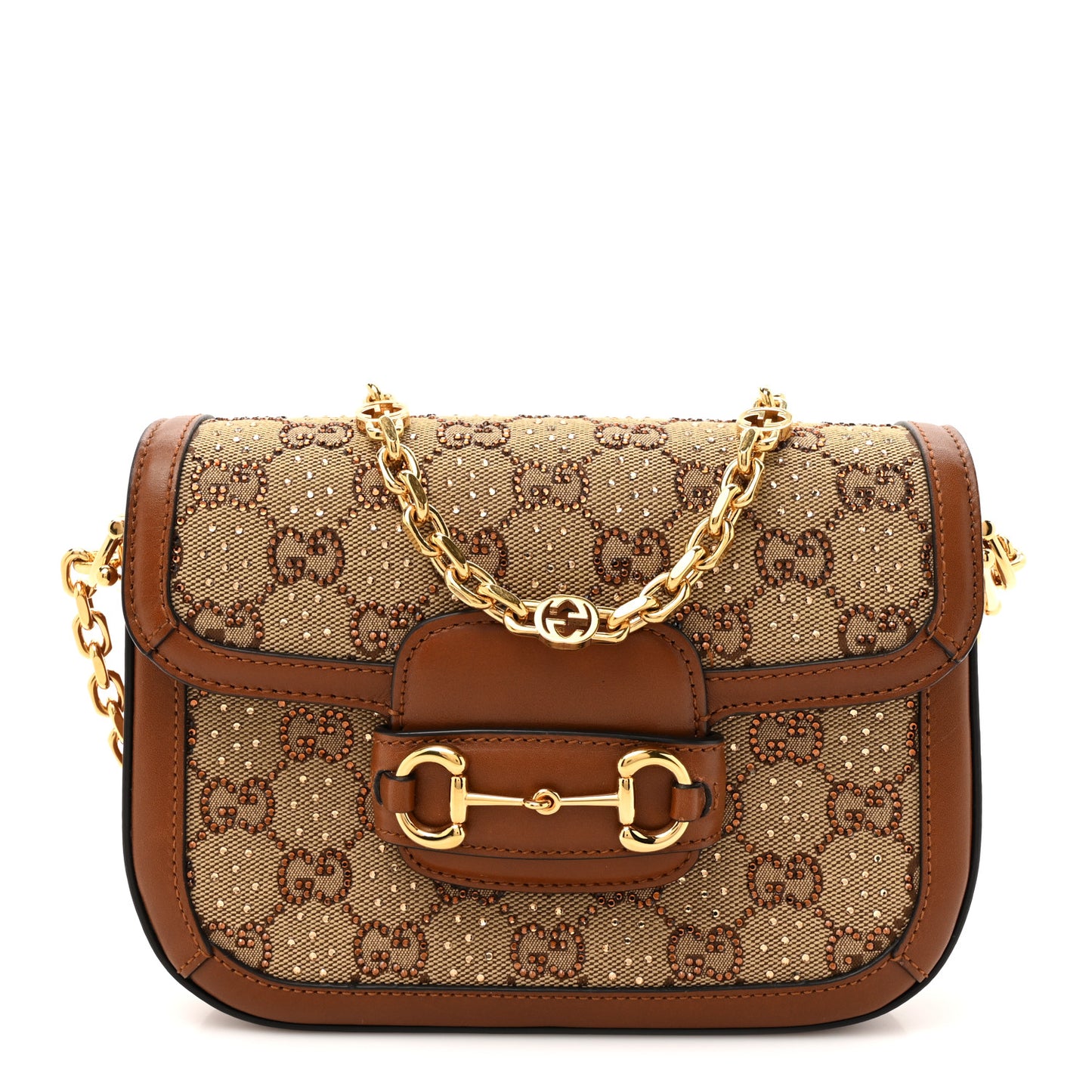 New Canvas Charisma Calfskin Crystal GG Monogram Mini Horsebit 1955 Shoulder Bag Camel Ebony