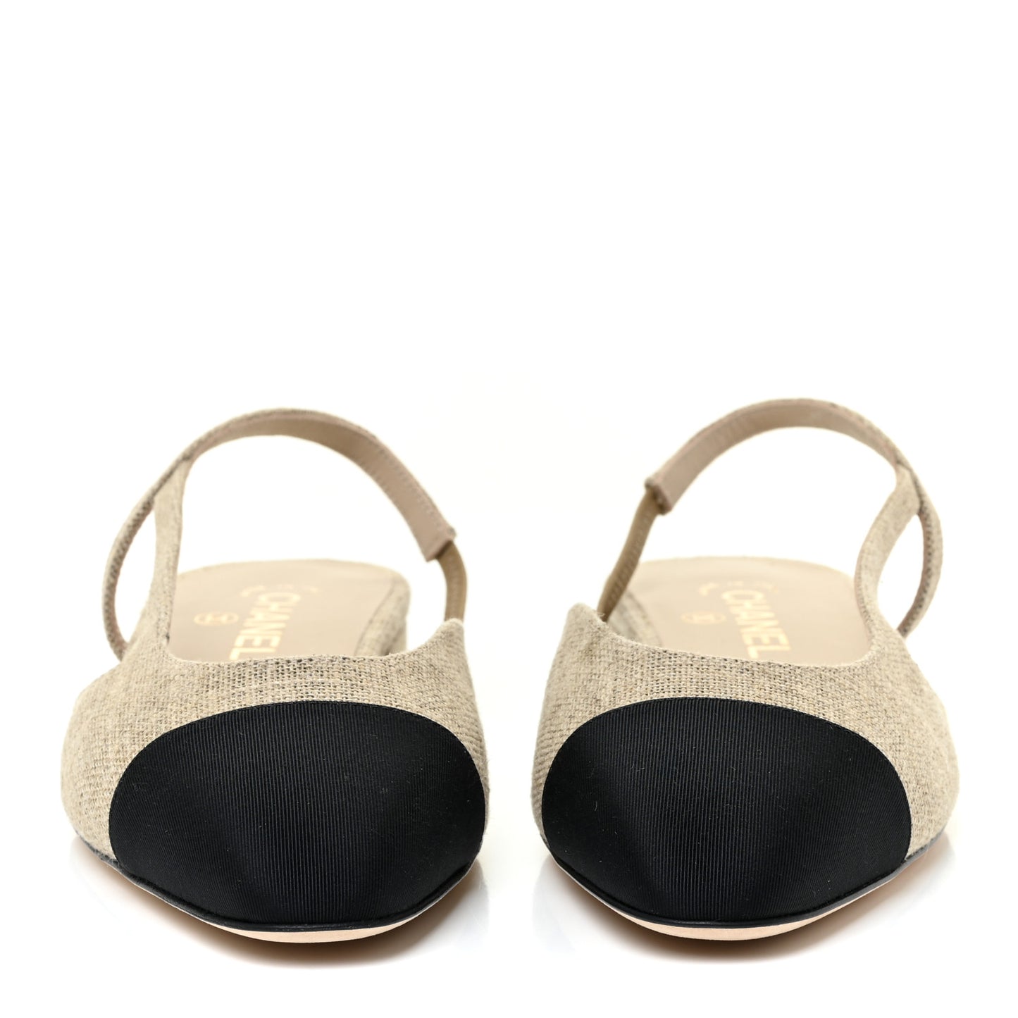 Fabric Grosgrain Cap Toe CC Slingback Flats 40 Light Beige Black