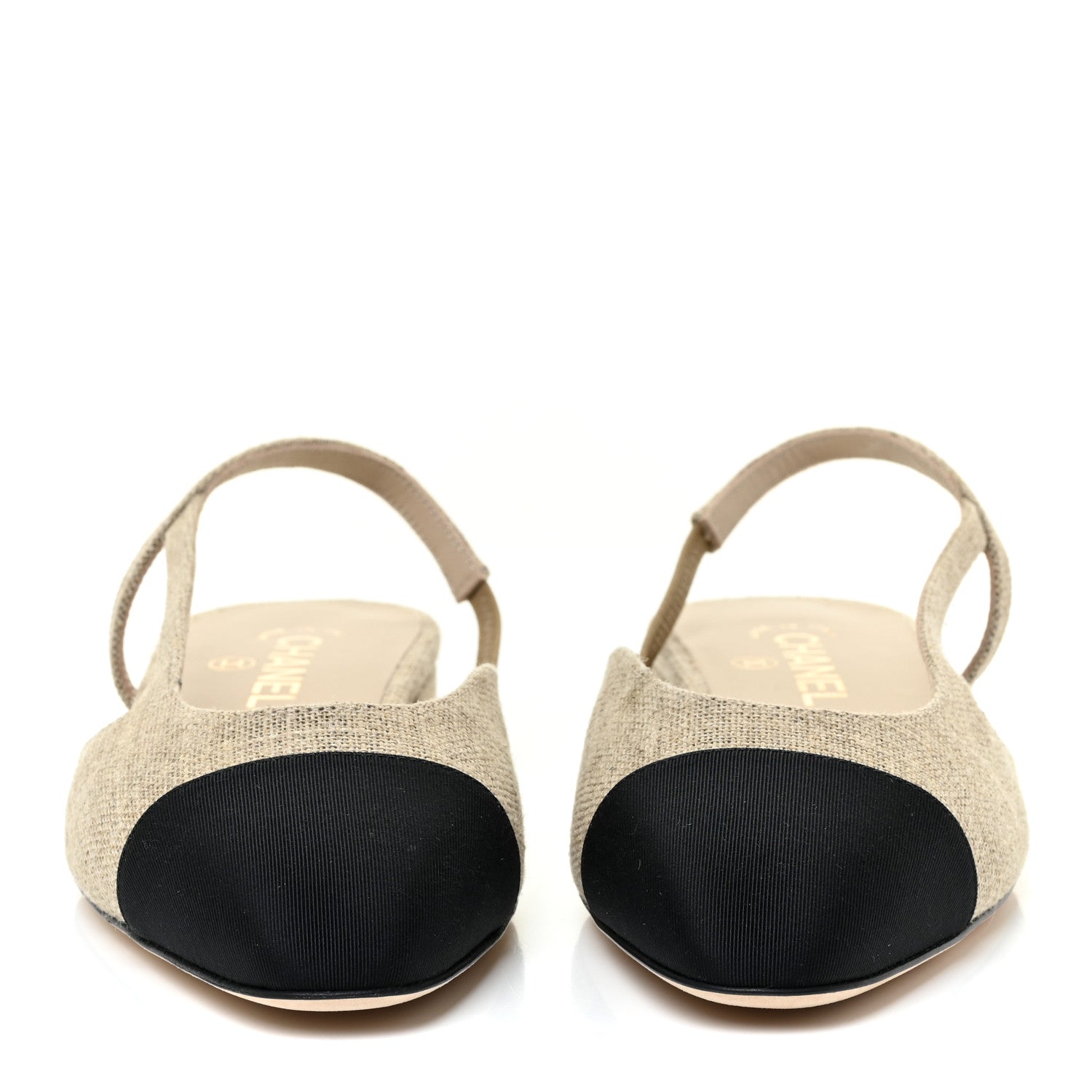 Chanel Fabric Grosgrain Cap Toe CC Slingback Flats 40 Light Beige Black 2 of 12