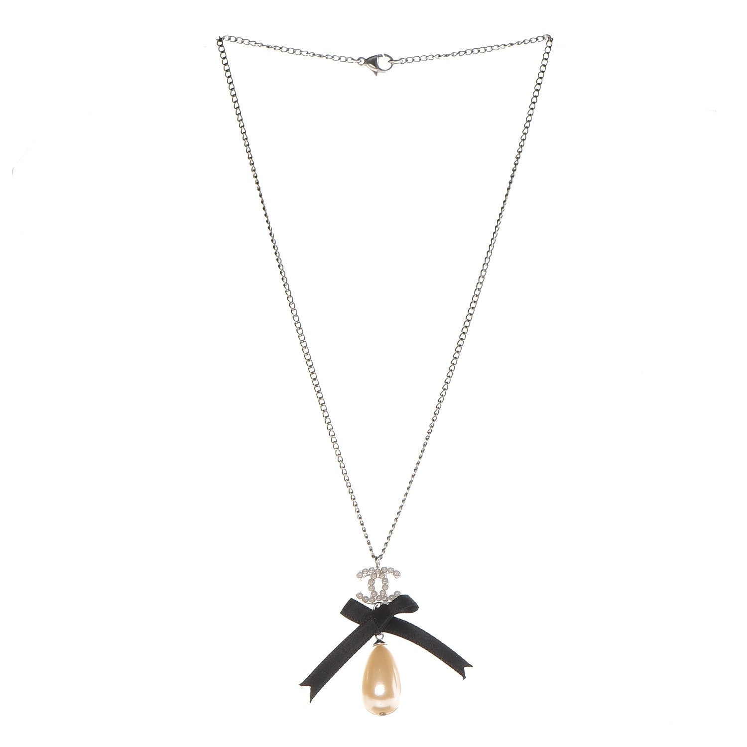 Chanel Pearl Ribbon CC Bow Necklace Black 3 of 6