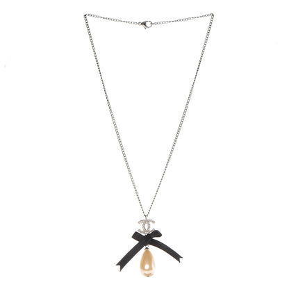 Chanel Pearl Ribbon CC Bow Necklace Black 3 of 6
