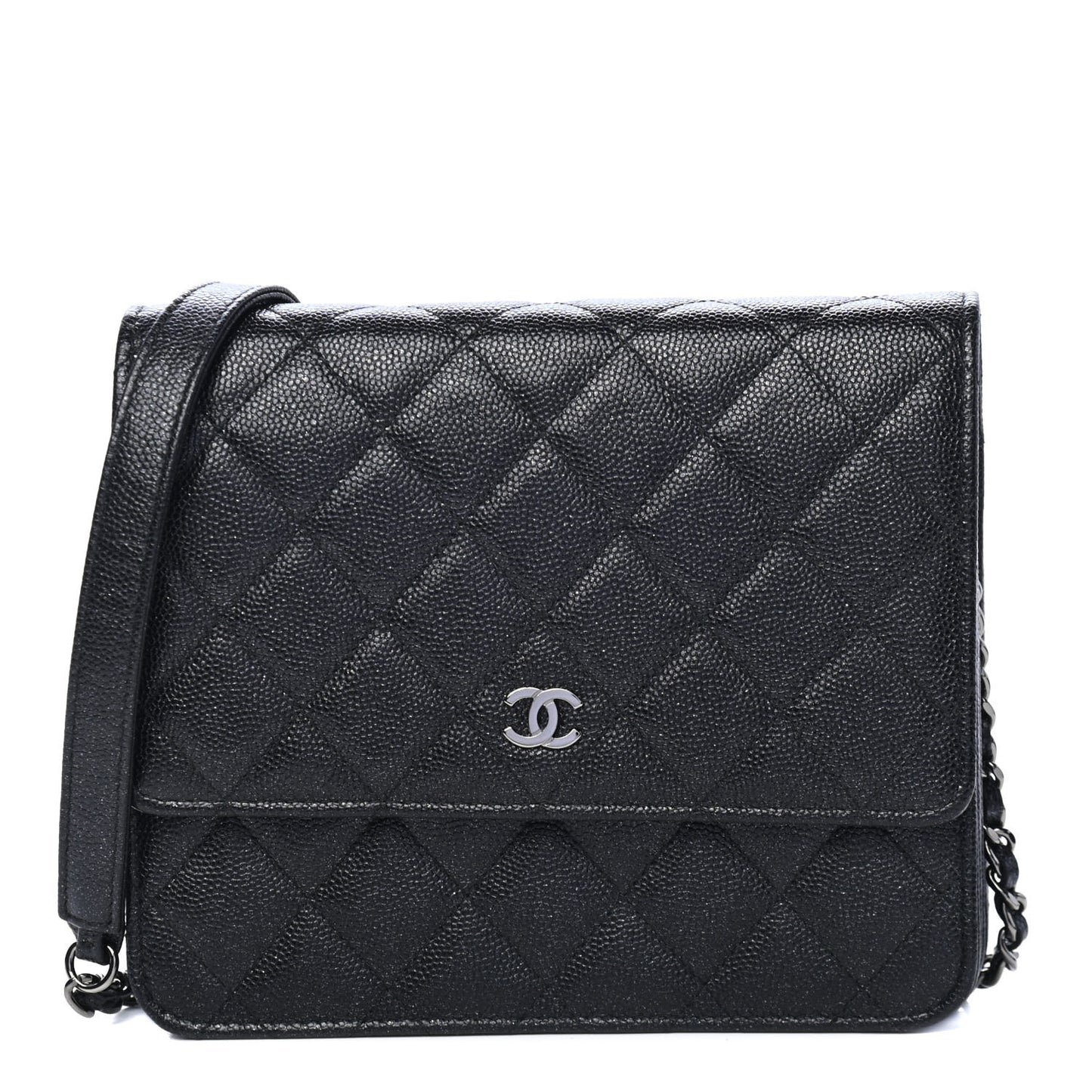 Iridescent Caviar Quilted Square Wallet On Chain WOC Black