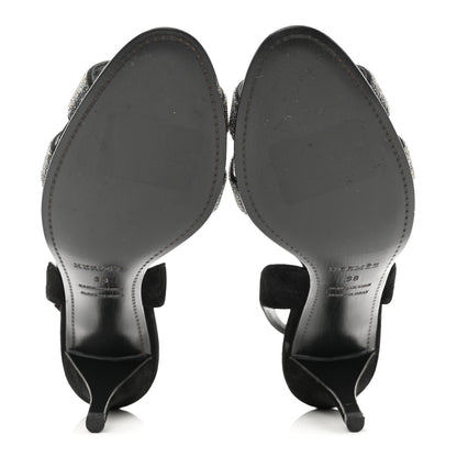 Hermes Velour Goatskin Crystal Poudre Night 70 Slingback Sandals 38 Argent Black 5 of 8