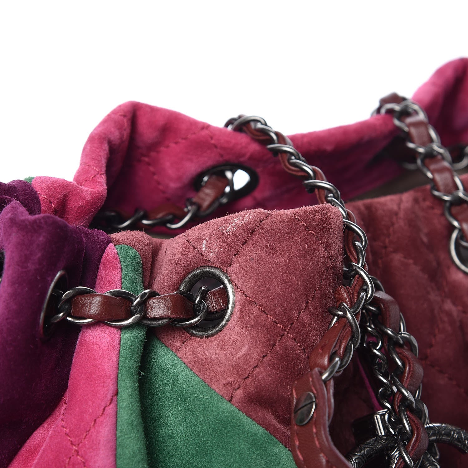 Chanel Suede Quilted Patchwork Drawstring Bag Green Pink Purple Burgundy 16 of 17