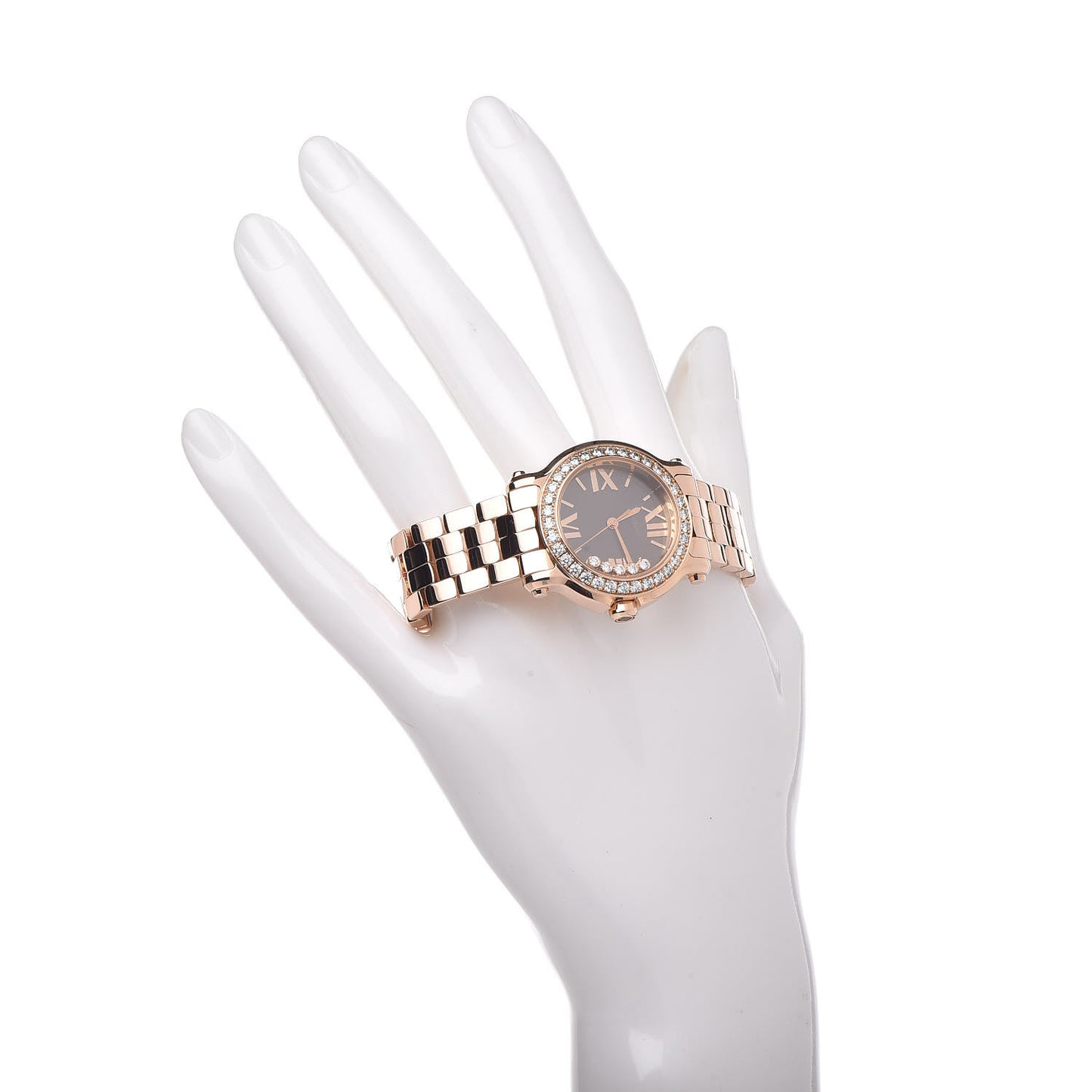 18K Rose Gold Diamond Bezel 30mm Happy Sport Quartz Watch Brown