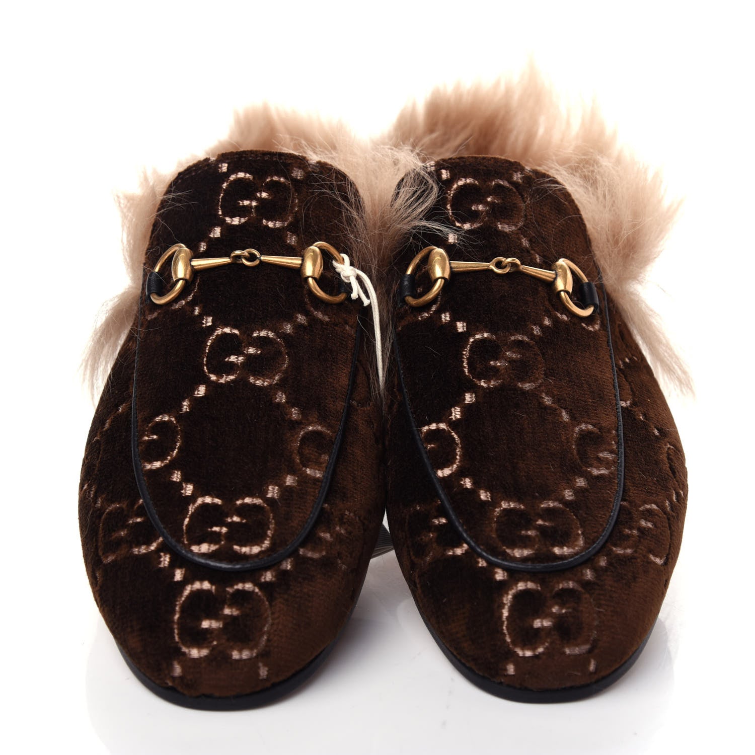 Gucci Velvet GG Monogram Fur Womens Princetown Slippers 39 Brown Black Natural 5 of 10