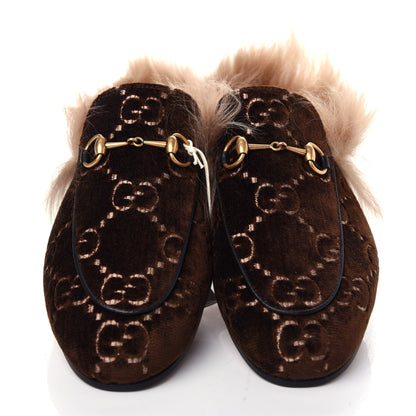 Gucci Velvet GG Monogram Fur Womens Princetown Slippers 39 Brown Black Natural 5 of 10