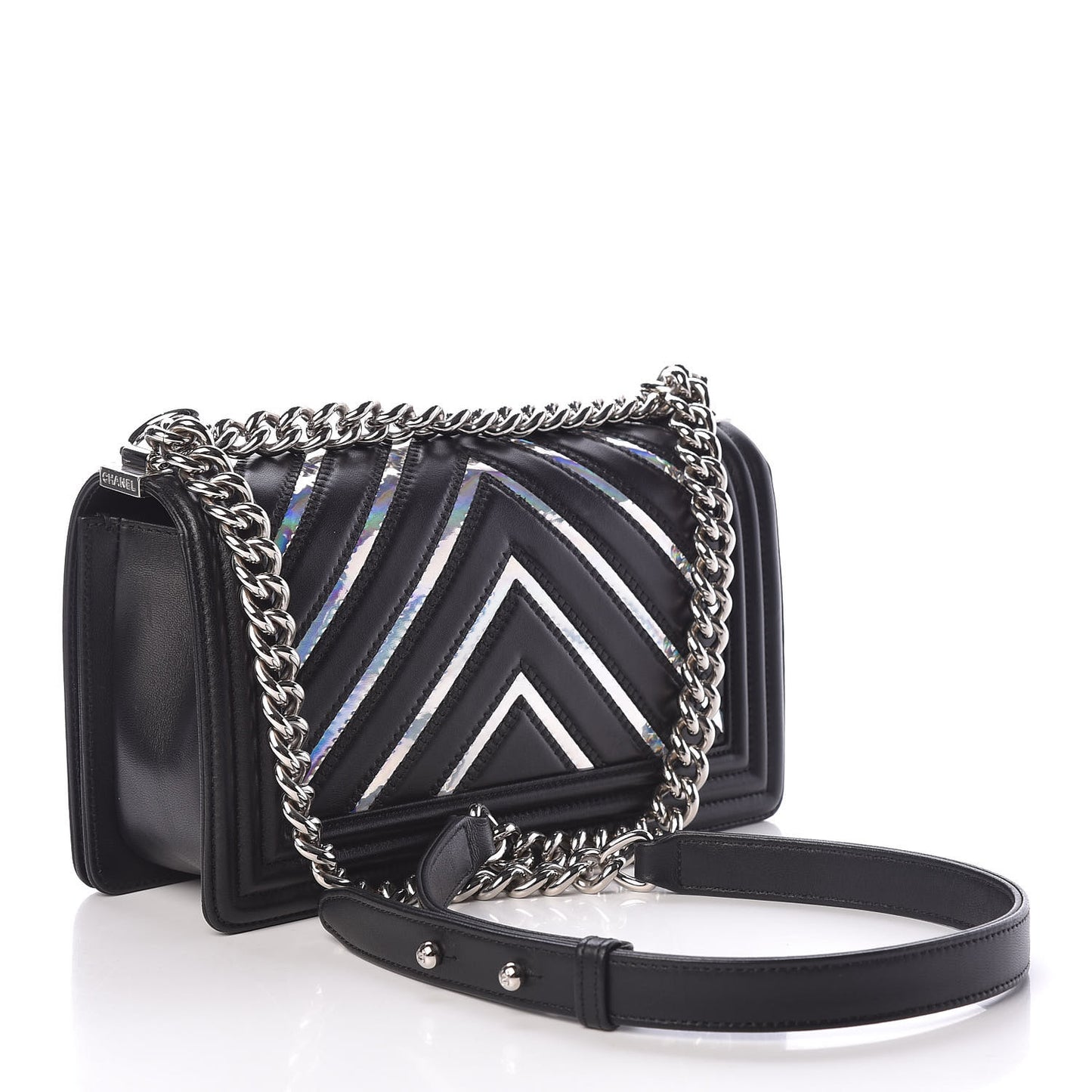 Lambskin Iridescent PVC Chevron Quilted Medium Boy Flap Black Silver