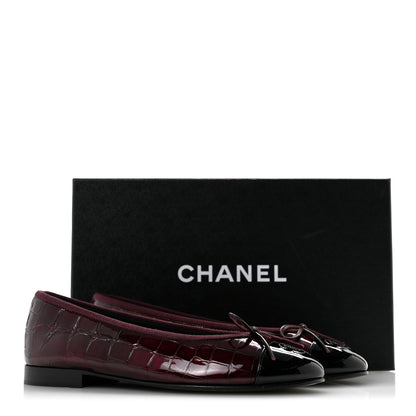 Chanel Patent Calfskin Crocodile Embossed Cap Toe CC Ballerina Flats 36.5 Dark Burgundy Black 10 of 10