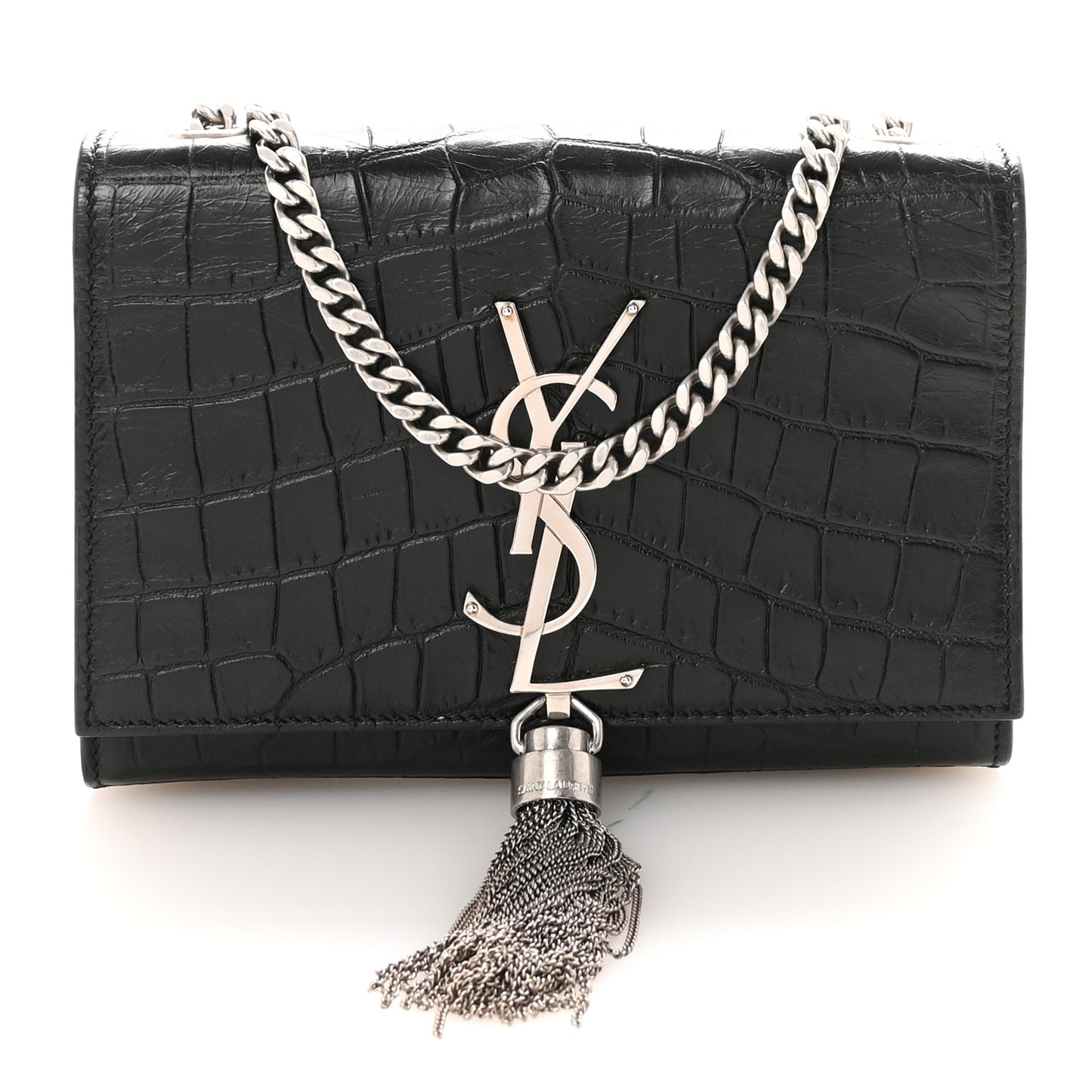 Calfskin Crocodile Embossed Small Classic Monogram Kate Tassel Satchel Black