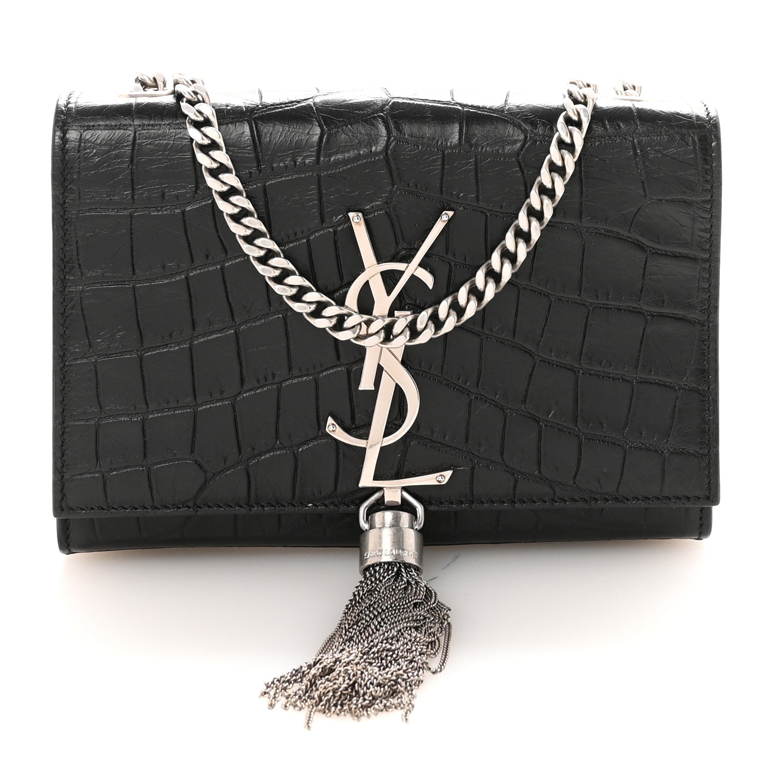 Saint Laurent Calfskin Crocodile Embossed Small Classic Monogram Kate Tassel Satchel Black 1 of 9