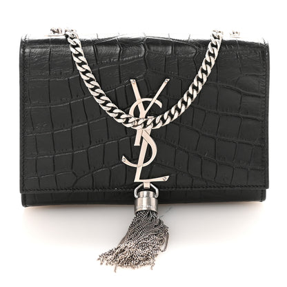 Saint Laurent Calfskin Crocodile Embossed Small Classic Monogram Kate Tassel Satchel Black 1 of 9