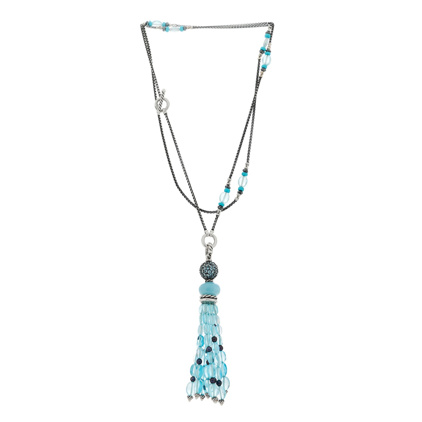 Sterling Silver Aquamarine Blue Topaz Hematite Cultured Pearl Mustique Tassel Necklace